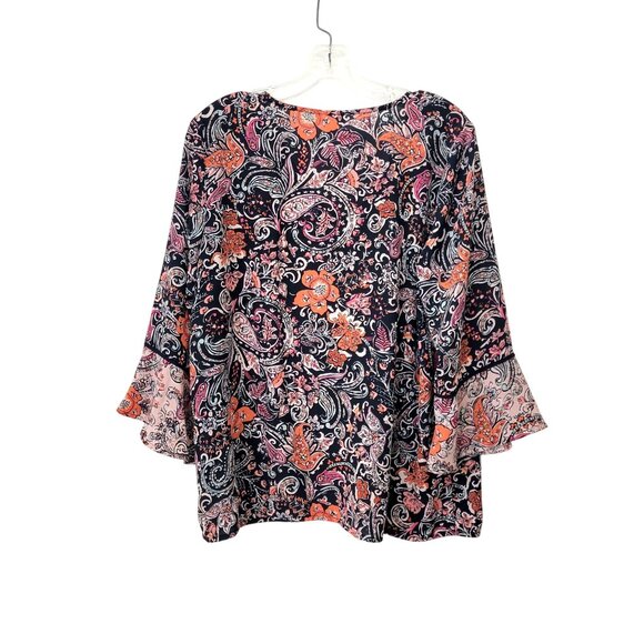 J. Jill Floral Paisley Bell Sleeve Blouse Womens M 100% Polyester Navy & Coral - Picture 2 of 4